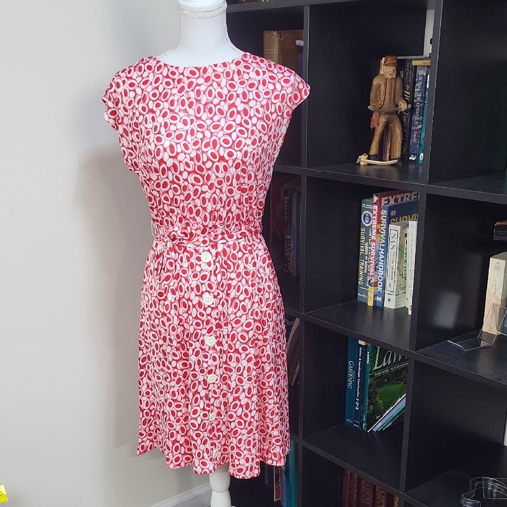 Vtg 70s HABAND FOR HER Red Oval Geometric Mock Button Front Elastic Waist Dress
